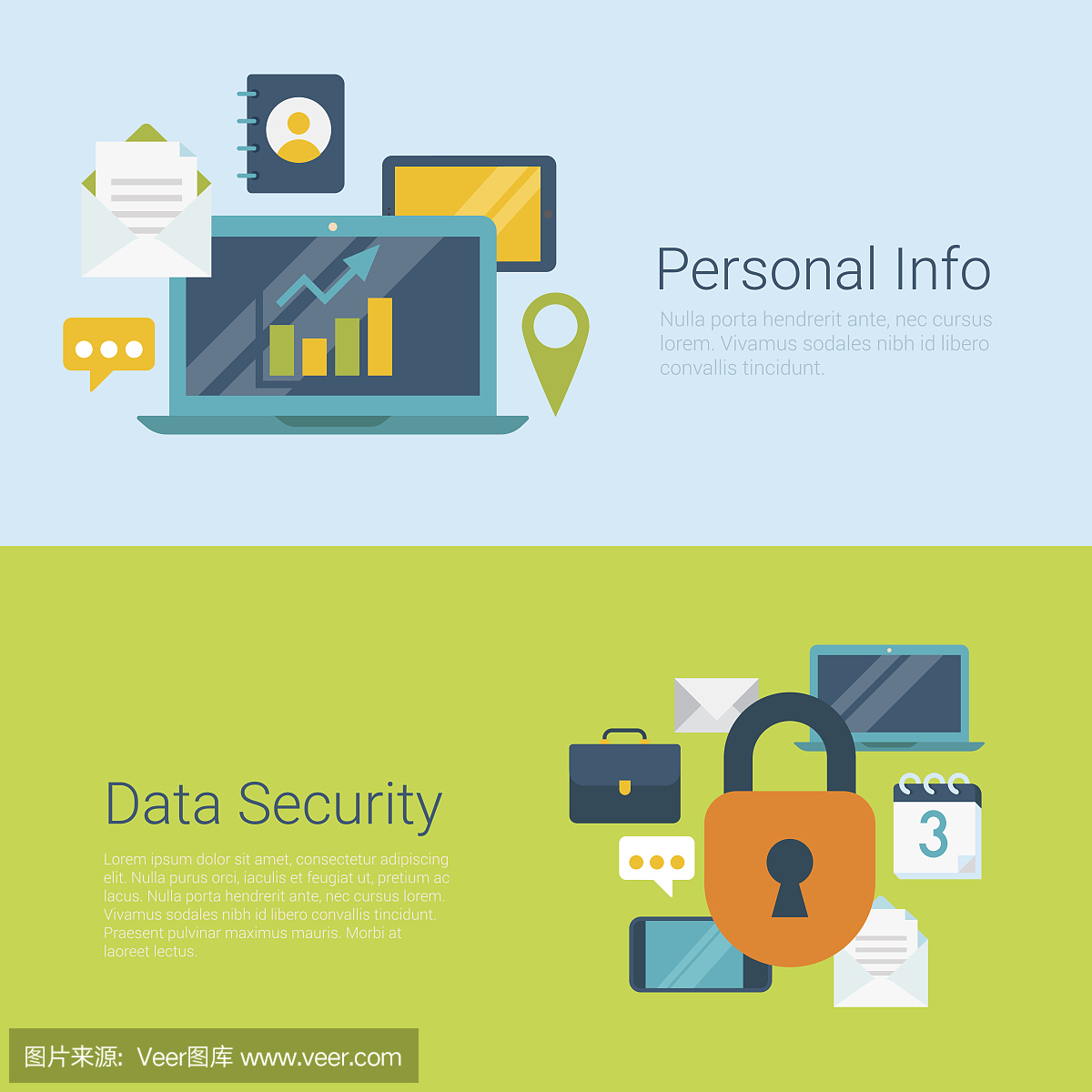 平面风格的网站滑块横幅个人信息数据信息安全概念网站信息图。笔记本电脑财务档案地址簿联系位置定位消息日历平板锁定矢量插图图标设置